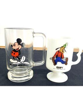 Walt Disney Productions Mickey Mouse Clear Mug Pluto Milk Glass Cup Stein (2)